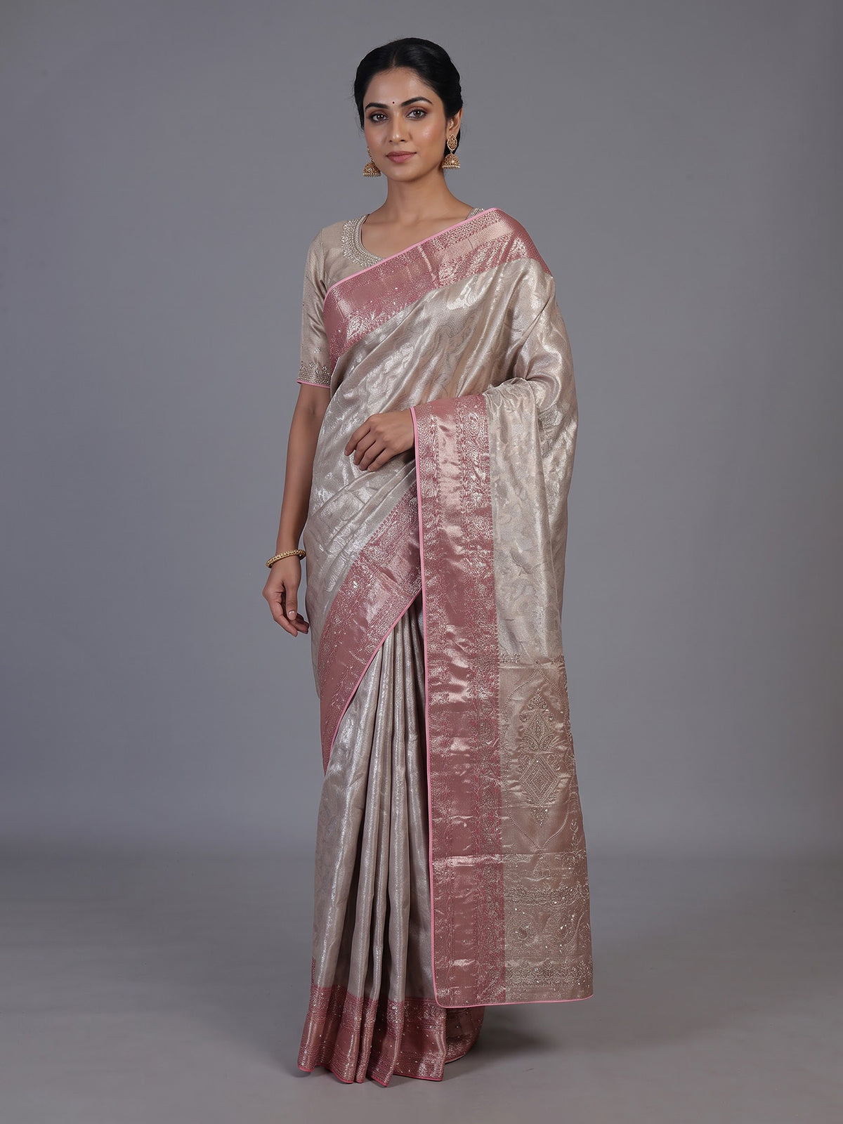 Beige kanjivaram tissue silk festive saree for women