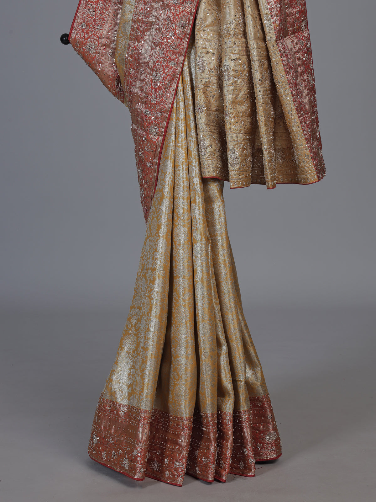 Mustard yellow kanjivaram tissue silk floral festive wedding saree
