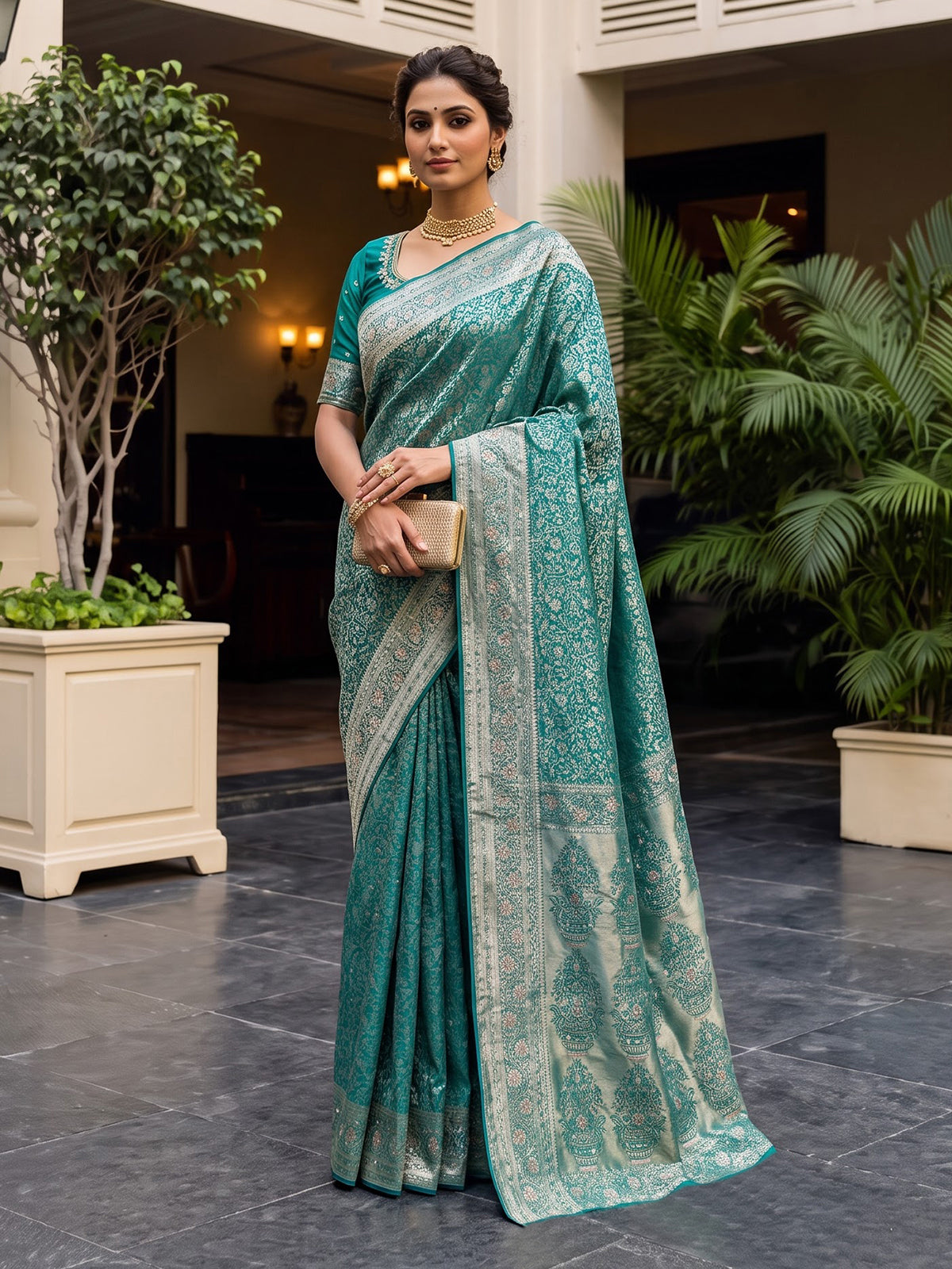 Rama green kanjivaram silk floral festive designer saree for women