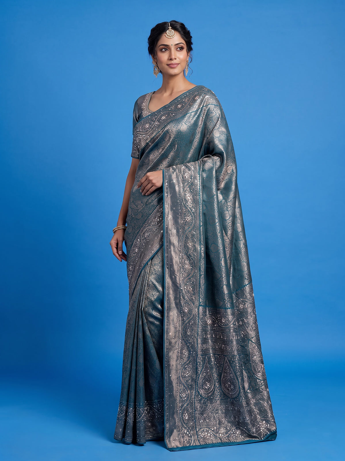 Teal blue kanjivaram silk floral designer festive saree