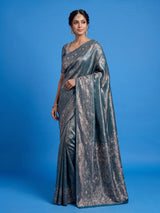 Teal blue kanjivaram silk floral designer festive saree