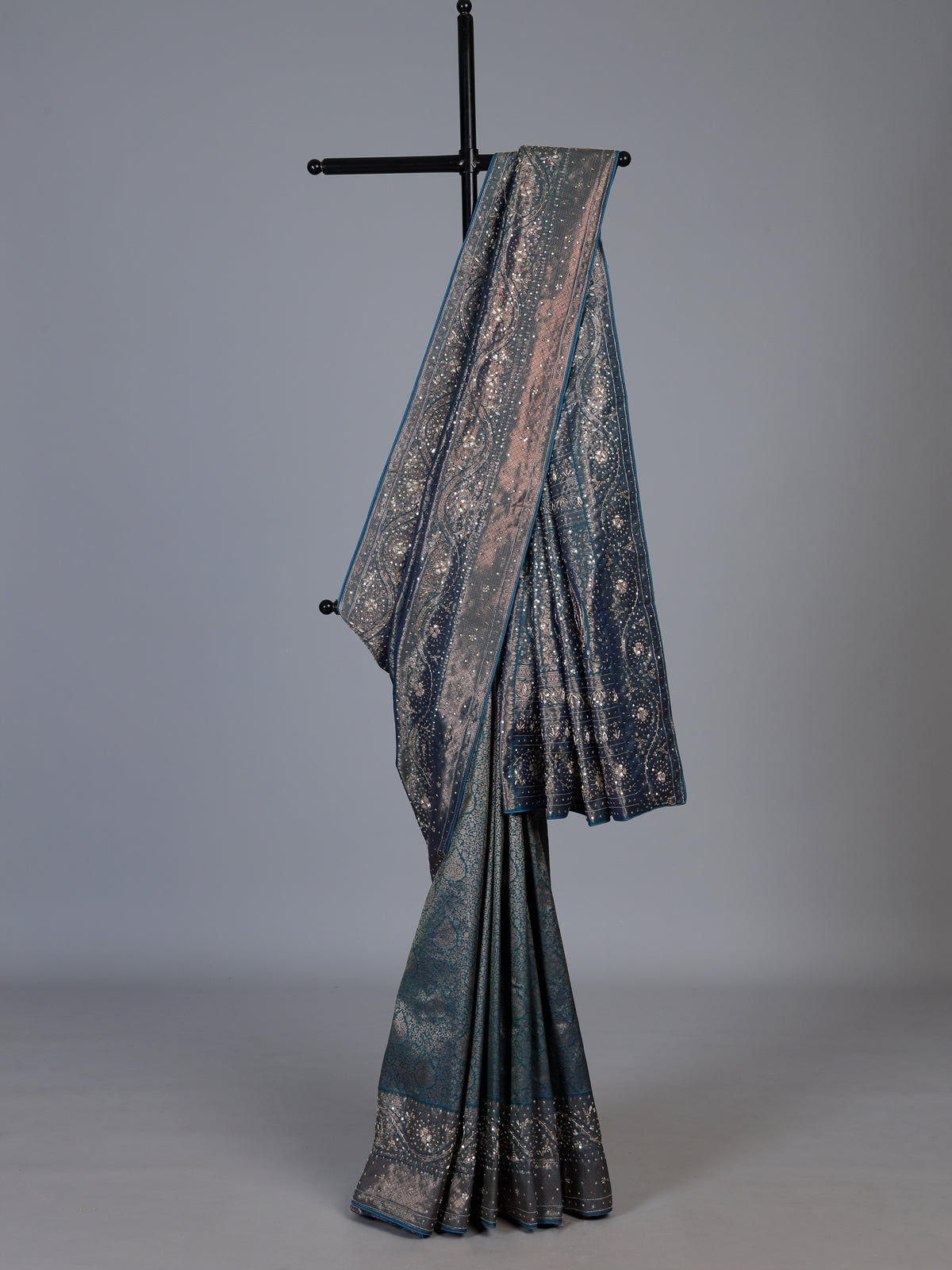 Teal blue kanjivaram silk floral designer festive saree