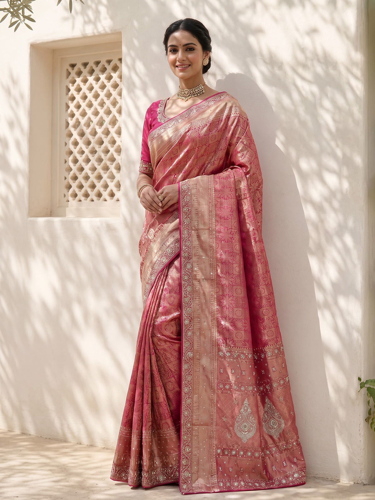 Rani pink kanjivaram silk floral festive saree for women