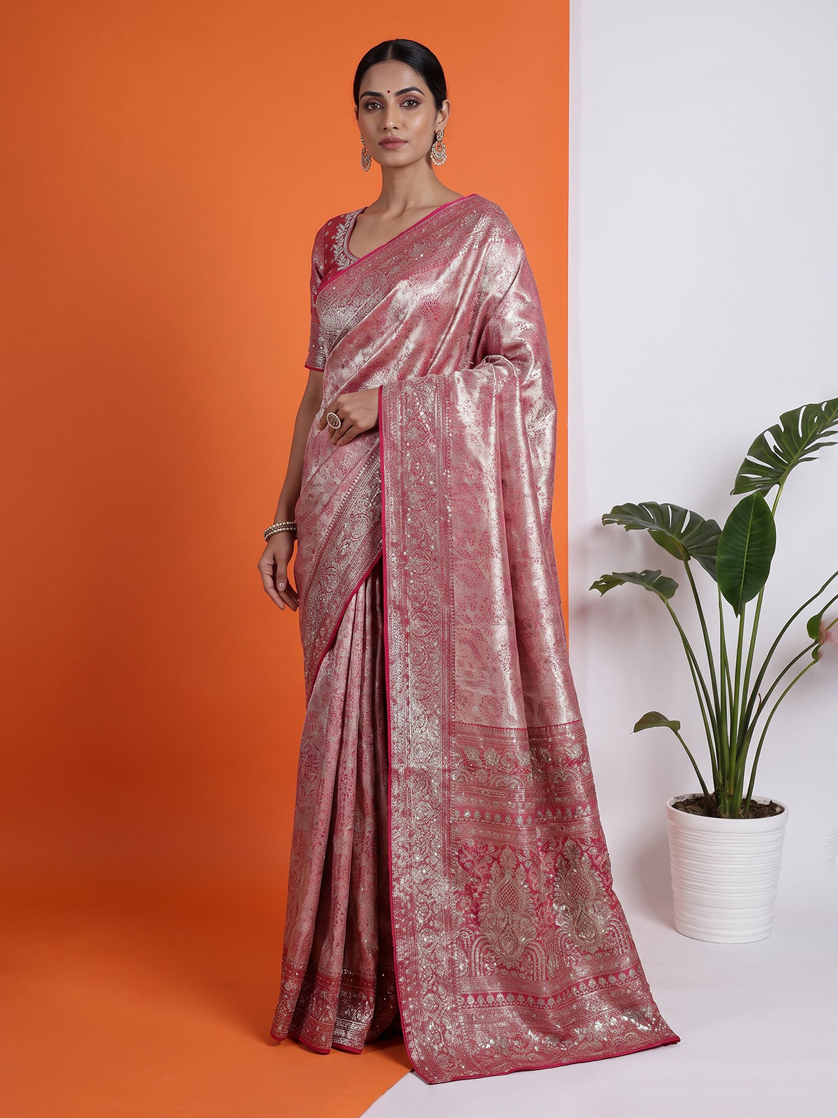 Rani pink kanjivaram silk floral festive designer saree