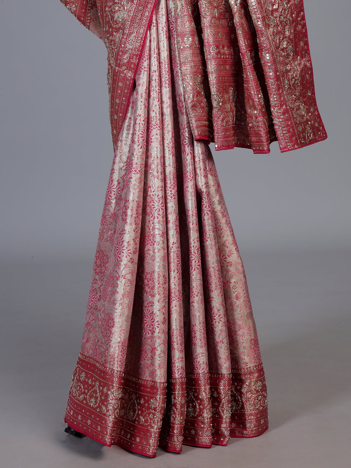 Rani pink kanjivaram silk floral festive designer saree