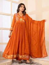 Orange festive angrakha cotton silk kurti set