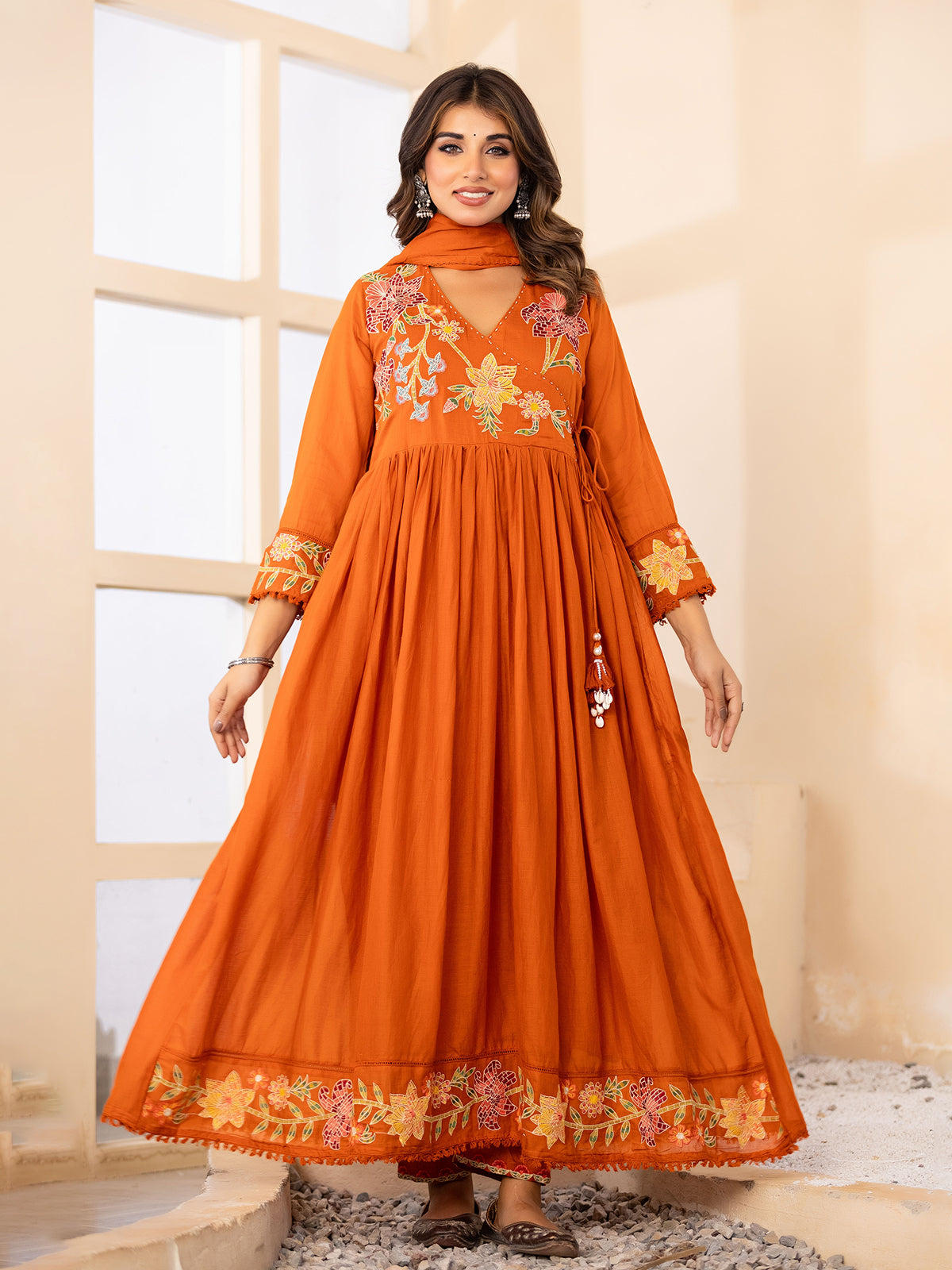 Orange festive angrakha cotton silk kurti set