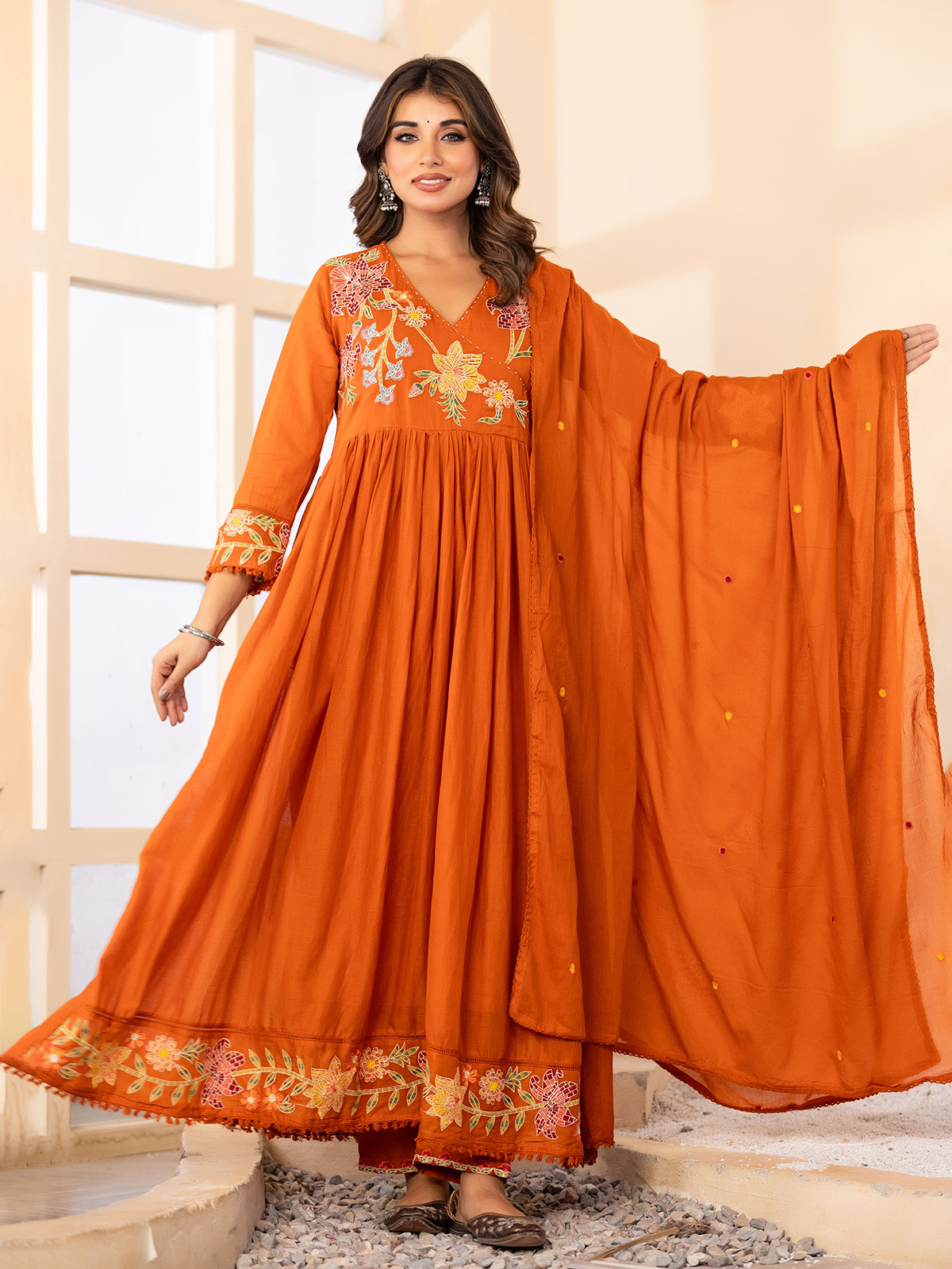 Orange festive angrakha cotton silk kurti set