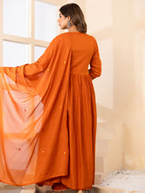 Orange festive angrakha cotton silk kurti set