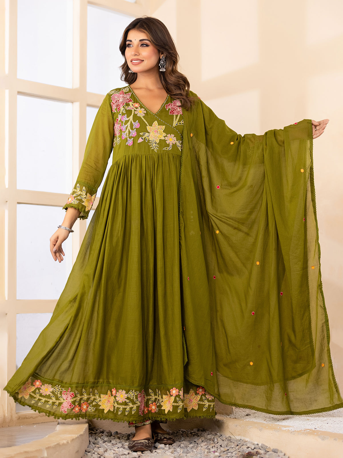 Green floral angrakha cotton silk kurti set