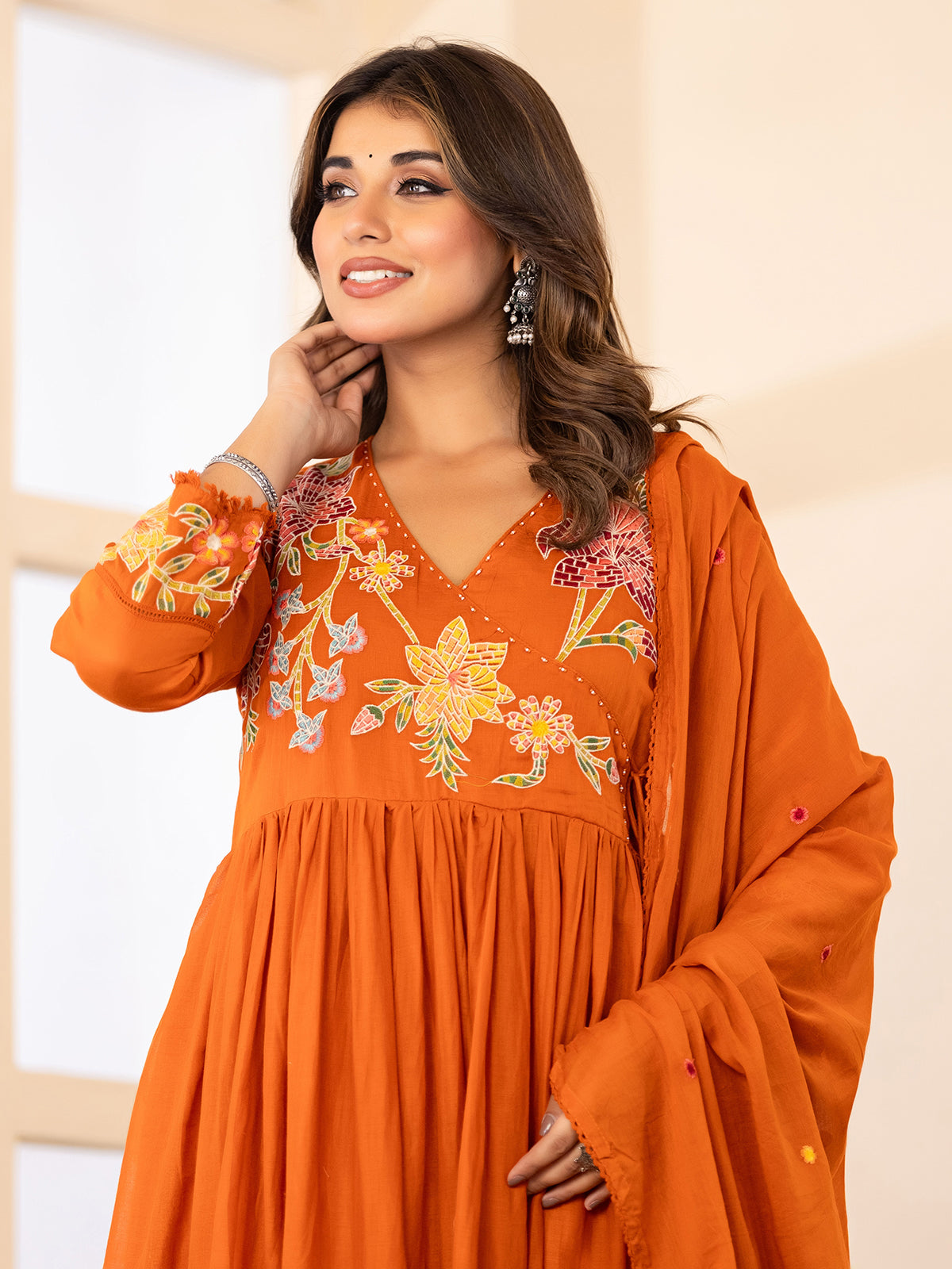 Orange festive angrakha cotton silk kurti set