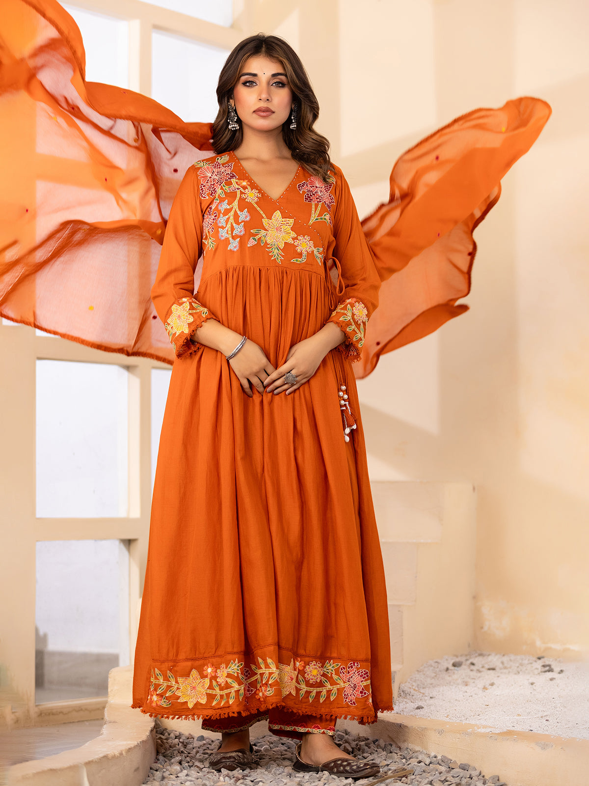 Orange festive angrakha cotton silk kurti set