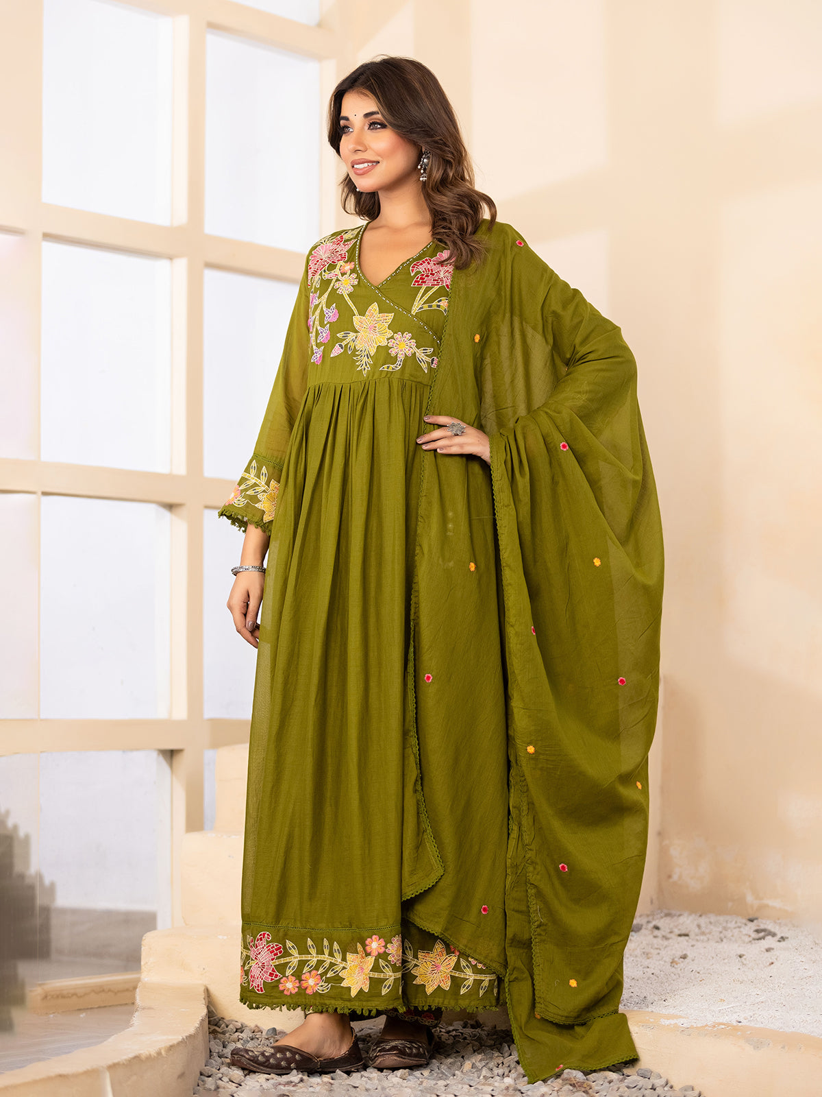 Green floral angrakha cotton silk kurti set