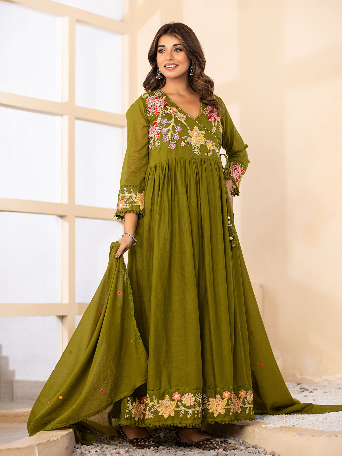 Green floral angrakha cotton silk kurti set