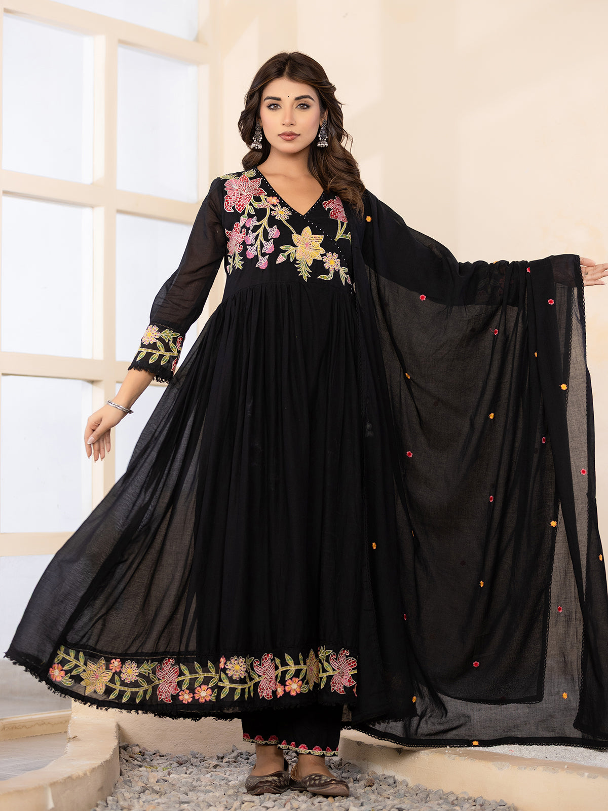 Black regal angrakha cotton silk kurti set