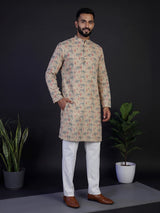 Beige silk printed festive kurta suit for men with mandarin collar