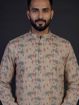 Beige silk printed festive kurta suit for men with mandarin collar
