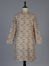 Beige silk printed festive kurta suit for men with mandarin collar