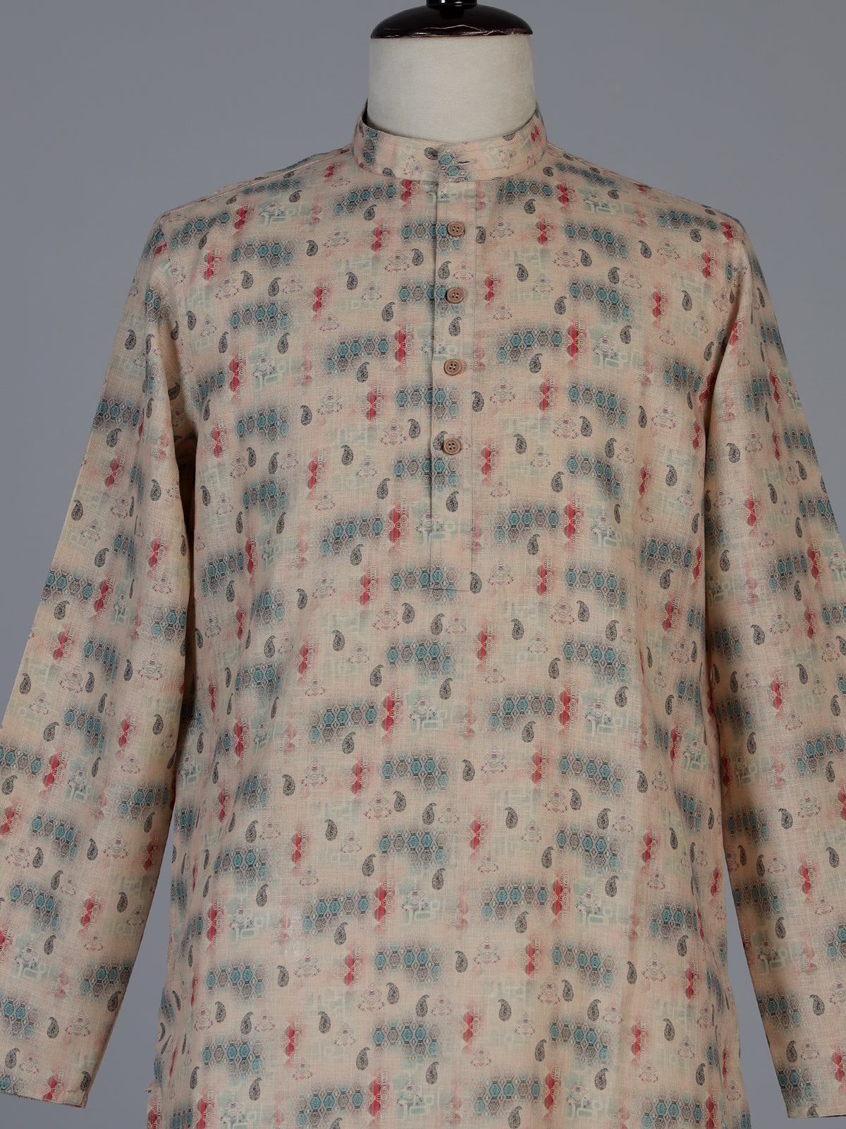 Beige silk printed festive kurta suit for men with mandarin collar
