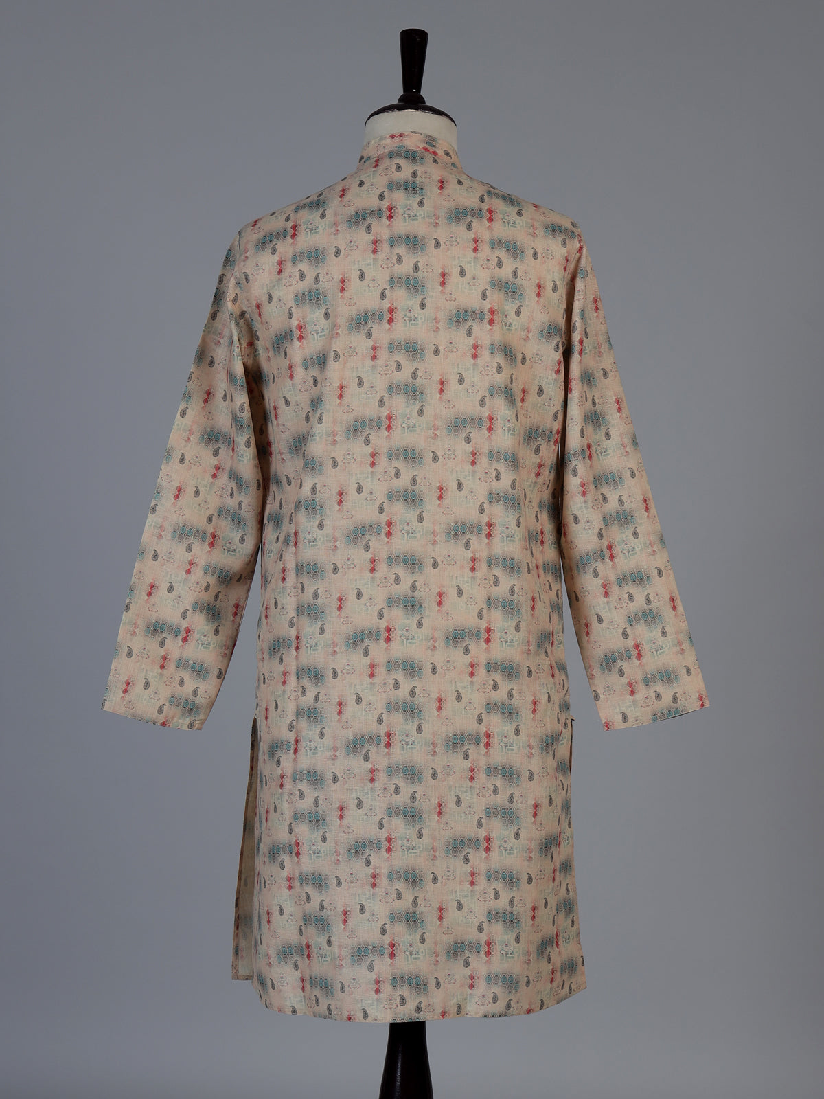 Beige silk printed festive kurta suit for men with mandarin collar