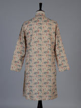 Beige silk printed festive kurta suit for men with mandarin collar