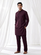 Wine solid cotton festive kurta suit for men with elegant mandarin collar