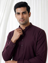 Wine solid cotton festive kurta suit for men with elegant mandarin collar