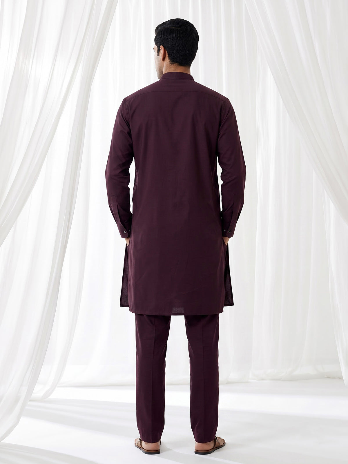 Wine solid cotton festive kurta suit for men with elegant mandarin collar