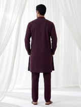 Wine solid cotton festive kurta suit for men with elegant mandarin collar
