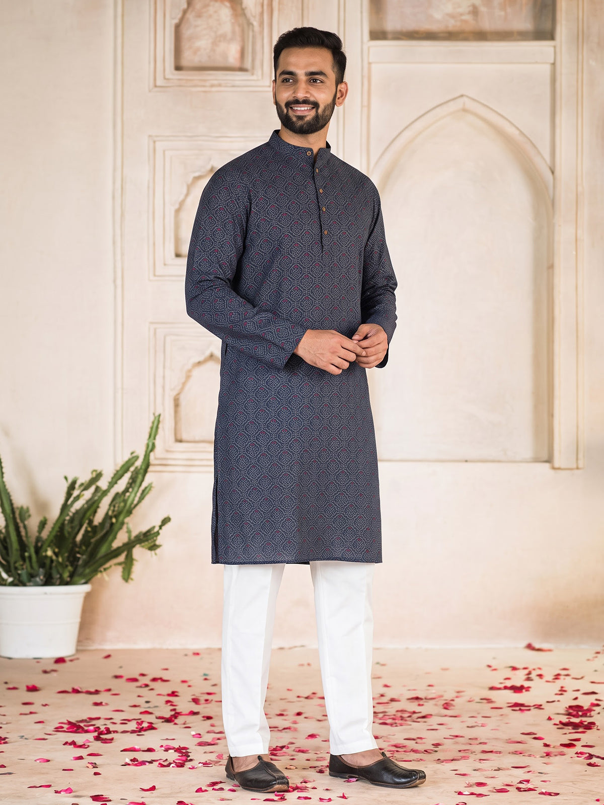 Dark blue bandhani printed cotton festive kurta suit for men
