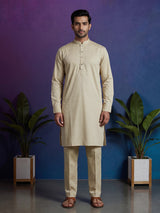 Beige silk solid festive kurta suit for men with classic mandarin collar
