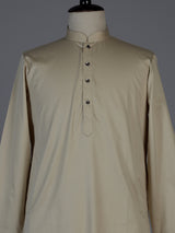 Beige silk solid festive kurta suit for men with classic mandarin collar