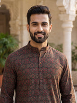 Charcoal black silk printed kurta suit for men with mandarin collar charm
