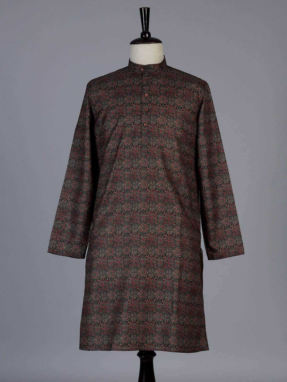 Charcoal black silk printed kurta suit for men with mandarin collar charm