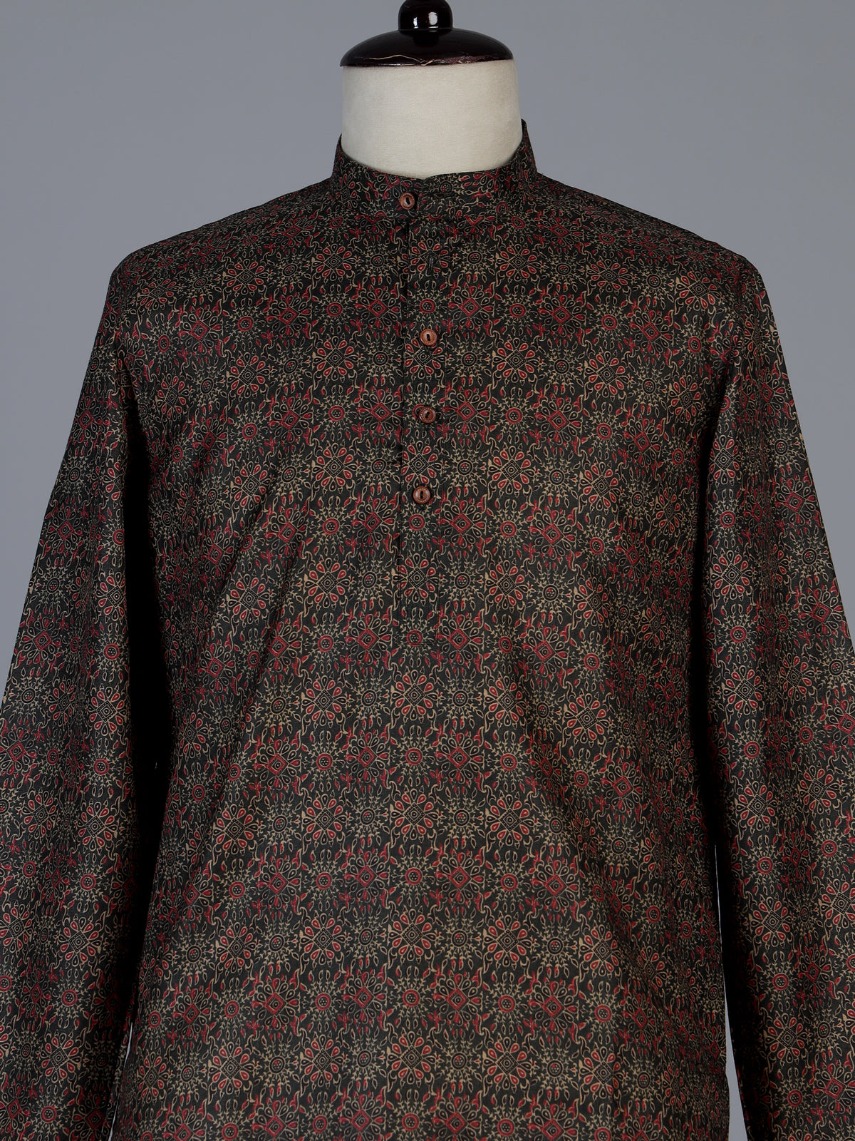 Charcoal black silk printed kurta suit for men with mandarin collar charm