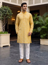 Yellow silk printed festive kurta suit for men with elegant mandarin collar