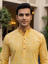 Yellow silk printed festive kurta suit for men with elegant mandarin collar