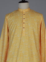 Yellow silk printed festive kurta suit for men with elegant mandarin collar
