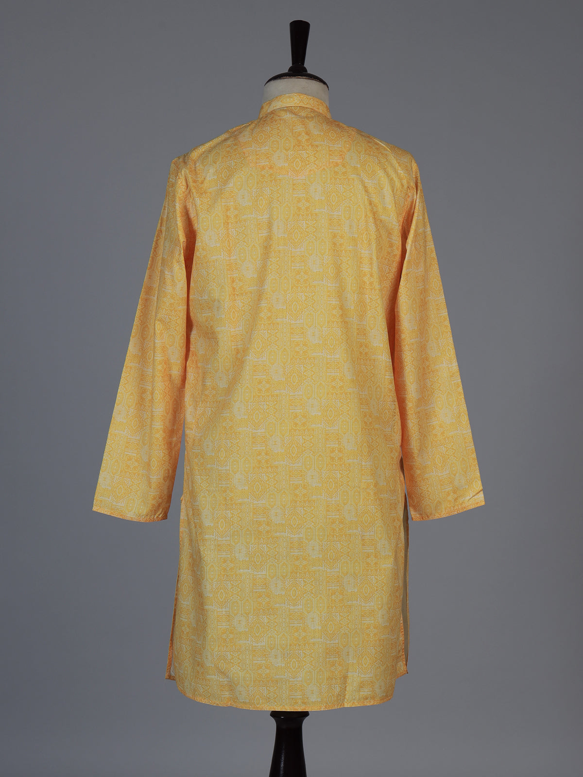 Yellow silk printed festive kurta suit for men with elegant mandarin collar