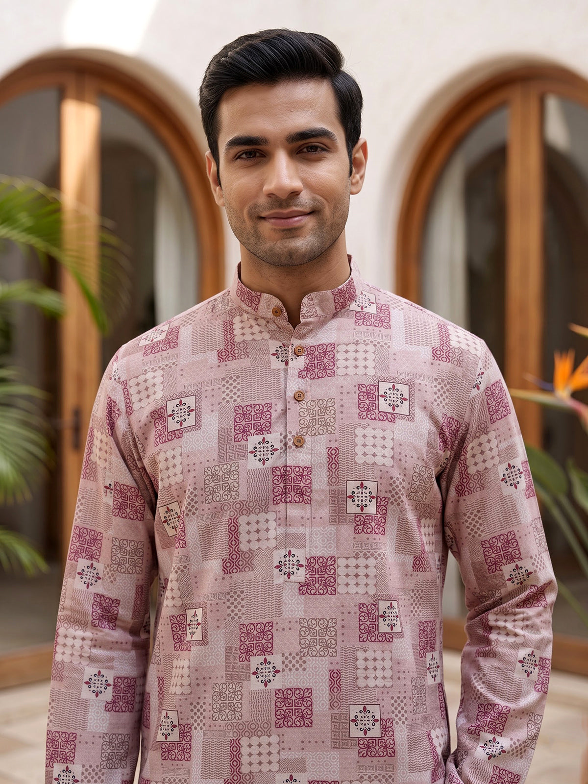 Pink silk printed festive kurta suit for men with stylish mandarin collar design