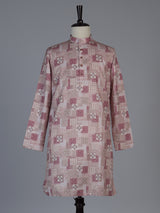 Pink silk printed festive kurta suit for men with stylish mandarin collar design