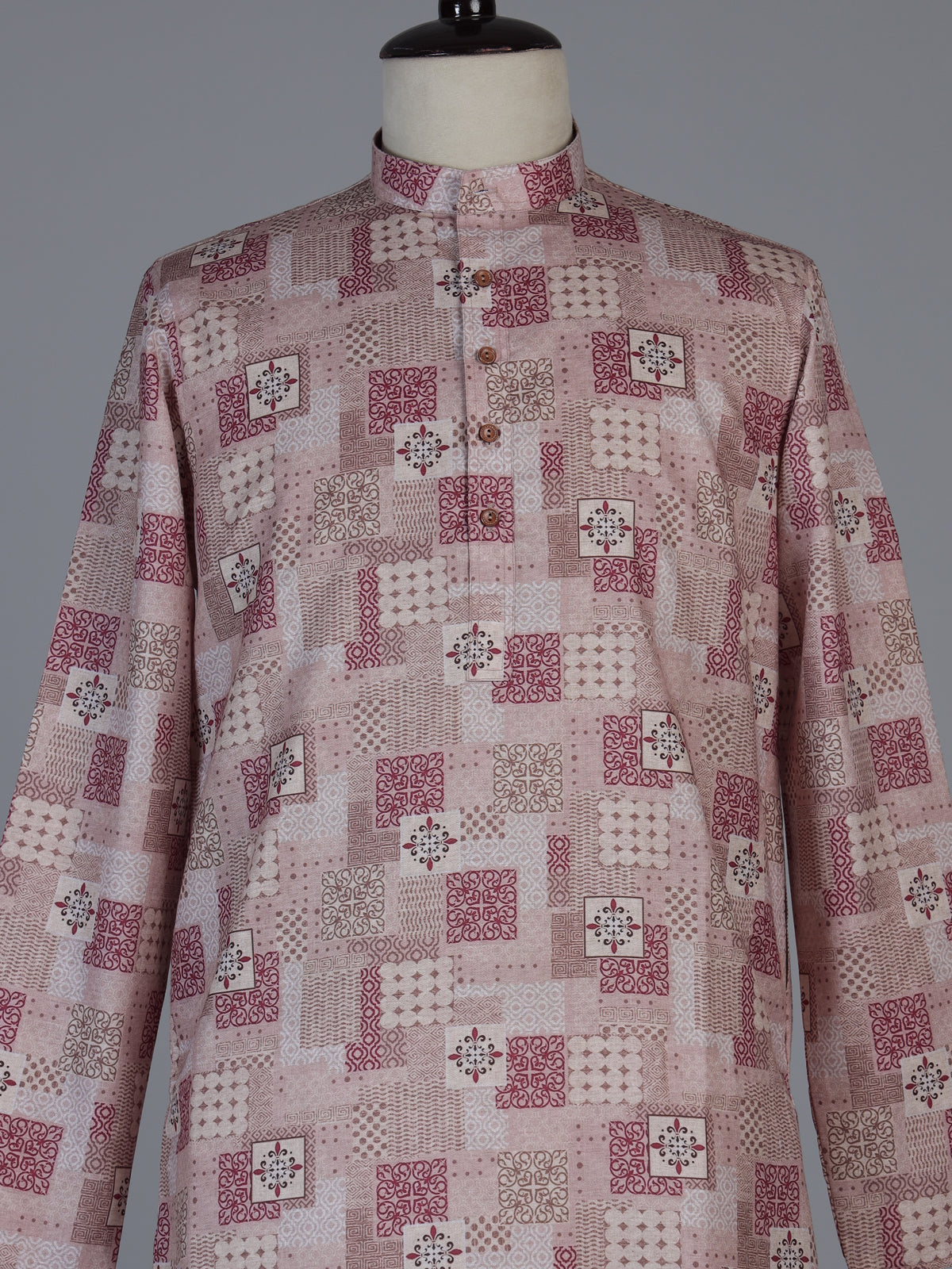 Pink silk printed festive kurta suit for men with stylish mandarin collar design