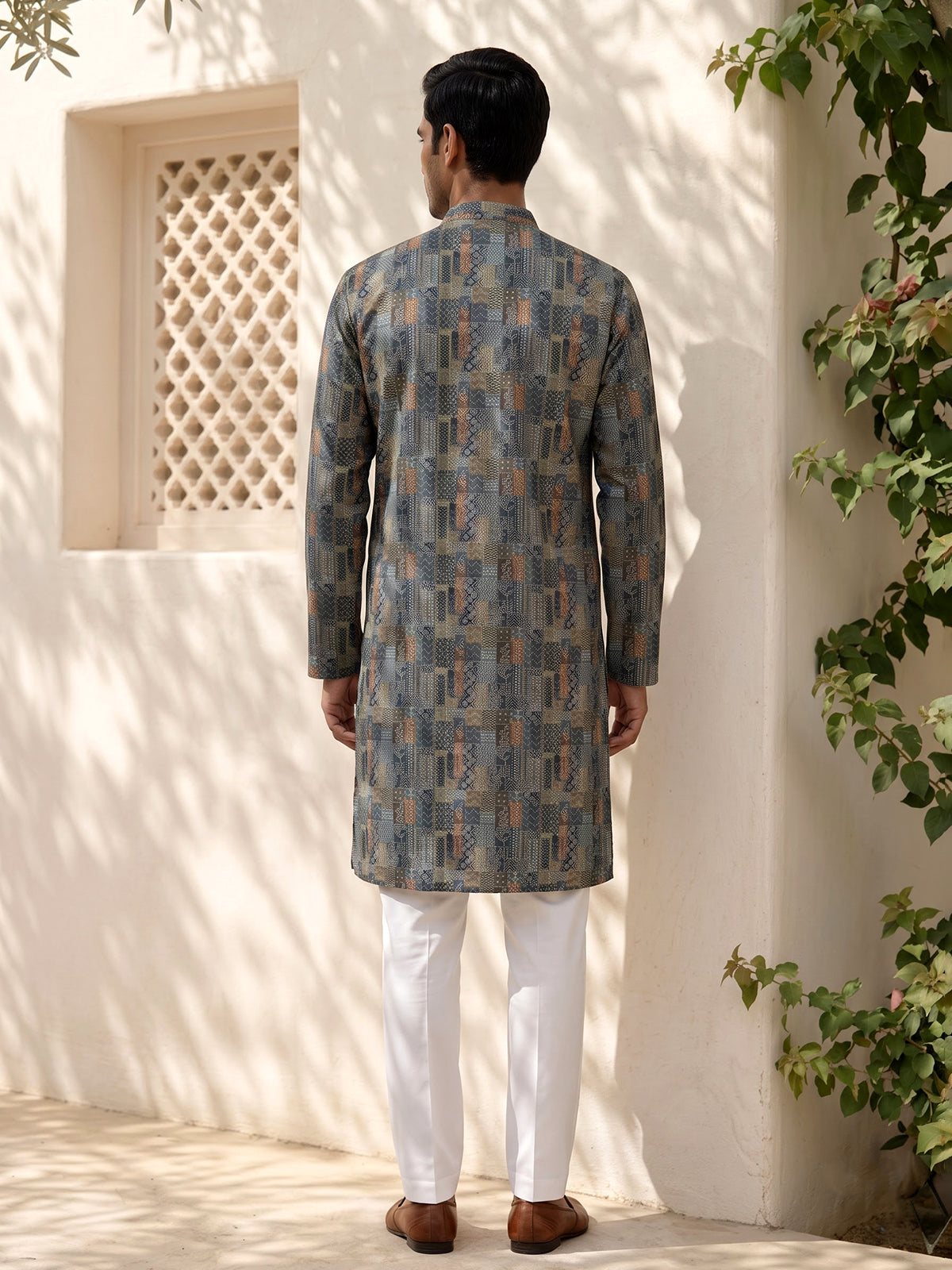 Green silk printed festive kurta suit for men with refined mandarin collar style