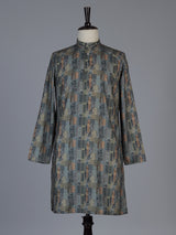 Green silk printed festive kurta suit for men with refined mandarin collar style