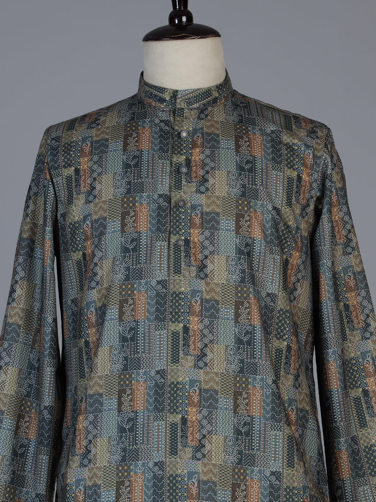 Green silk printed festive kurta suit for men with refined mandarin collar style