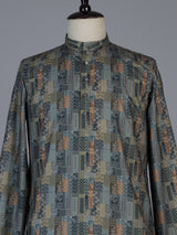 Green silk printed festive kurta suit for men with refined mandarin collar style