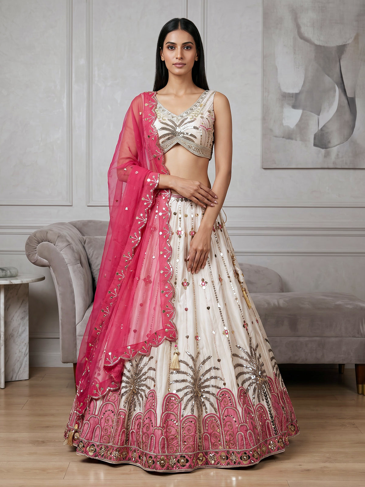 Beige silk designer wedding wear lehenga choli with contrast dupatta