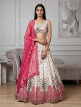 Beige silk designer wedding wear lehenga choli with contrast dupatta