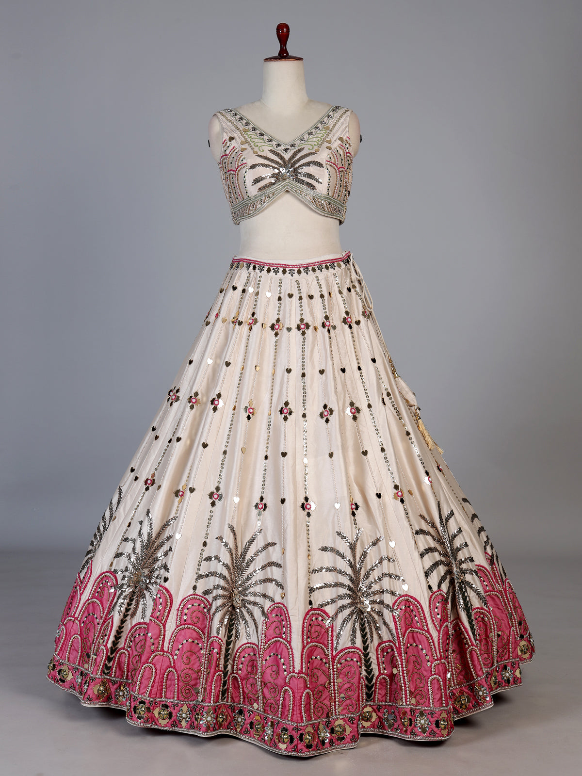 Beige silk designer wedding wear lehenga choli with contrast dupatta