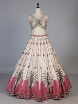 Beige silk designer wedding wear lehenga choli with contrast dupatta